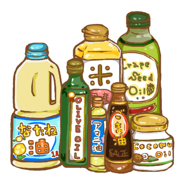 いろいろな食用油（瓶やペットボトル）を描いたイラスト